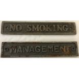 2 cast metal signs "No Smoking" and "Management".