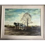 A vintage framed oil on canvas of a farmer ploughing.