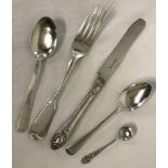 5 pieces of silver cutlery. To include a mustard spoon with decorative handle.