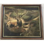Oil on canvas of a stag emerging from a lake. Signed 'Holm' lower right.