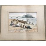 A watercolour painting of an Edwardian seaside scene.