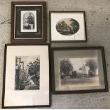 4 framed and glazed pictures to include a Military photo, Bond & Co print and an etching.
