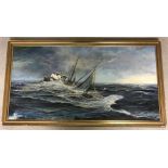 Peter Ward, large oil on canvas of a fishing boat at sea.