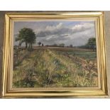 Richard Sorrell - large oil on canvas of Mileham Mill, Norfolk, view across fields.