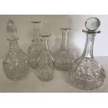 5 cut glass decanters 3 without stoppers.