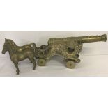 Large brass ornamental cannon, together with 2 matching brass horses.