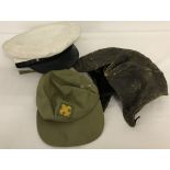 Vintage motorists leather cap, Boy Scouts of America cap, and a yachtsman's cap.