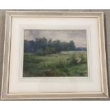 Violet Clutterbuck, Suffolk artist watercolour of rural scene with sheep.