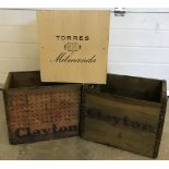2 vintage Clayton advertising wooden crates