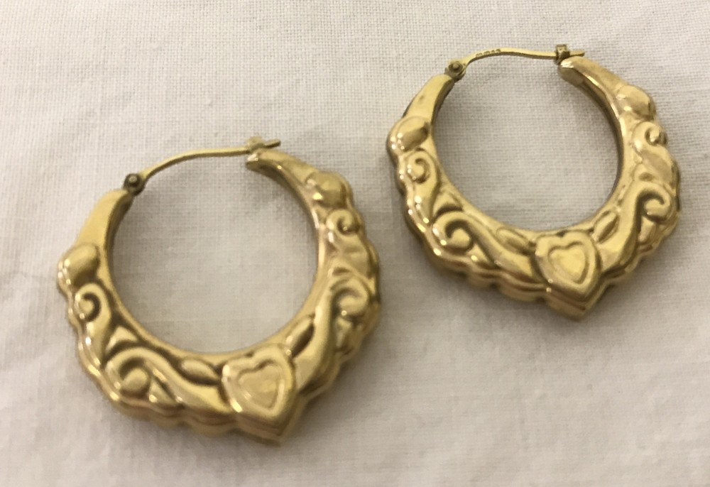 Large pair of 9ct gold creole style hooped earrings.