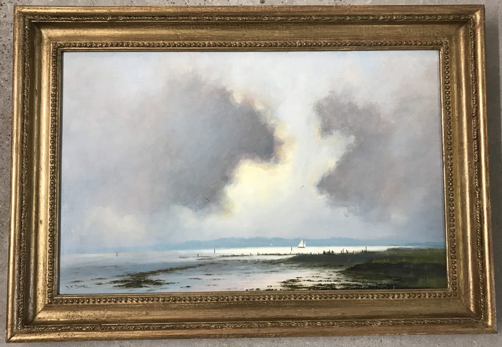 D.F.Dane, Norfolk Broads Artist, gilt framed oil on board entitled "Clouds and Bright patches".