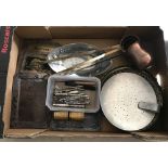 A box of assorted vintage metal ware items.