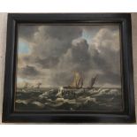 A 19th century signed oil on canvas of ships at sea, signed to lower right, possibly Dutch.