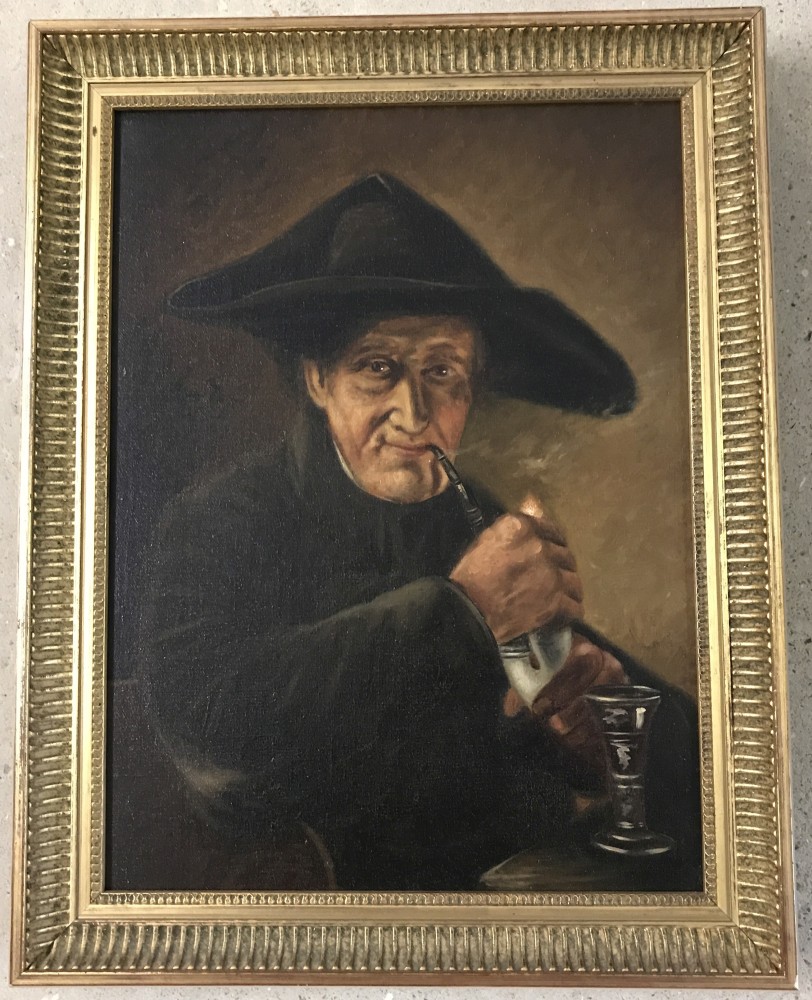 Munich school circa 1880, gilt framed oil on canvas of a gentleman smoking a pipe.