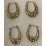 2 pairs of 9ct gold hooped earrings of different designs.