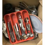 A large box of assorted kitchen items to include glasses, stainless steel fondue set and Christofle