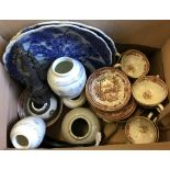 A box of oriental ceramics to include 2 blue and white chargers and part tea set.
