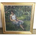 Richard Sorrell - large oil on canvas of a lady 'Doddie' sitting in a garden.