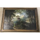 A large framed oil on board of a woodland castle scene.