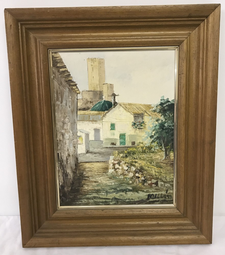 A signed oil on canvas of a Spanish village scene. Signed to lower right Millas?