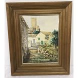 A signed oil on canvas of a Spanish village scene. Signed to lower right Millas?