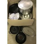 A large box of assorted cooking pots & pans and catering uniforms.