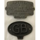 2 cast metal signs, "GB" together with a curved "Superheat" by Foulstone Forge.