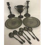 A collection of assorted vintage pewter items.