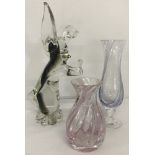 A Murano glass 'boxing' hare together with 2 small Caithness glass vases.