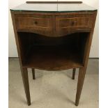 A serpentine fronted 2 draw bedside cabinet on tapered legs.