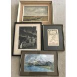 2 paintings, a vintage photograph and a map of The Road from Welshpool to Carnarvon.