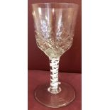 Georgian glass wine goblet with air twist stem and raised diamond pattern to bowl.