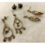3 pairs of gold earrings. Not marked but test as 9ct gold.