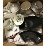 A large box of assorted ceramics to include Portmeirion.