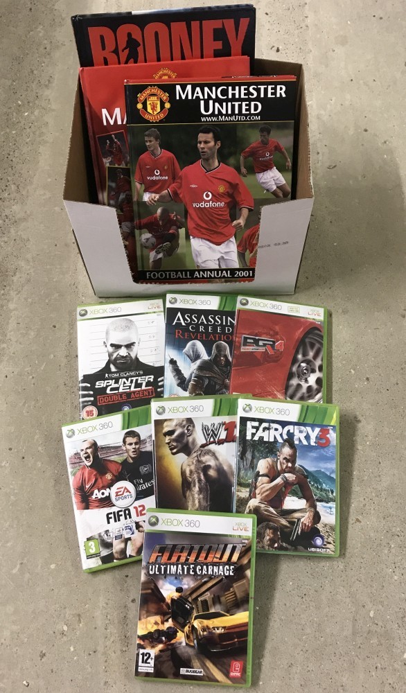 7 x Xbox 360 games together with 2 x Manchester United football annuals and a Wayne Rooney annual.