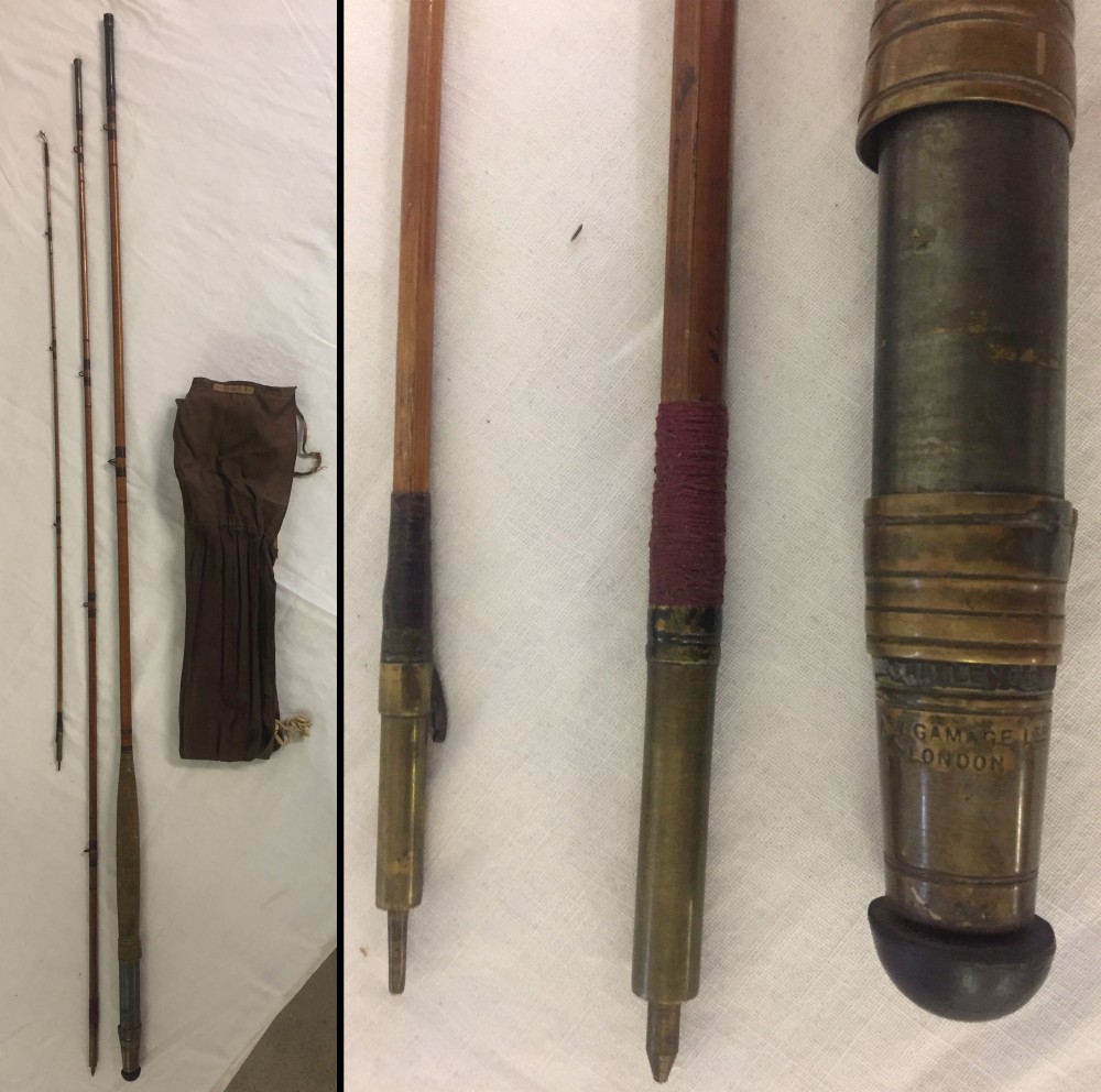 3 piece split cane 11' 6'' trout fishing rod by A. W. Gamages c 1920.
