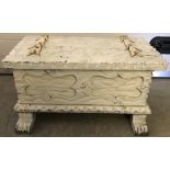 A vintage Spanish carved oak chest, painted white.