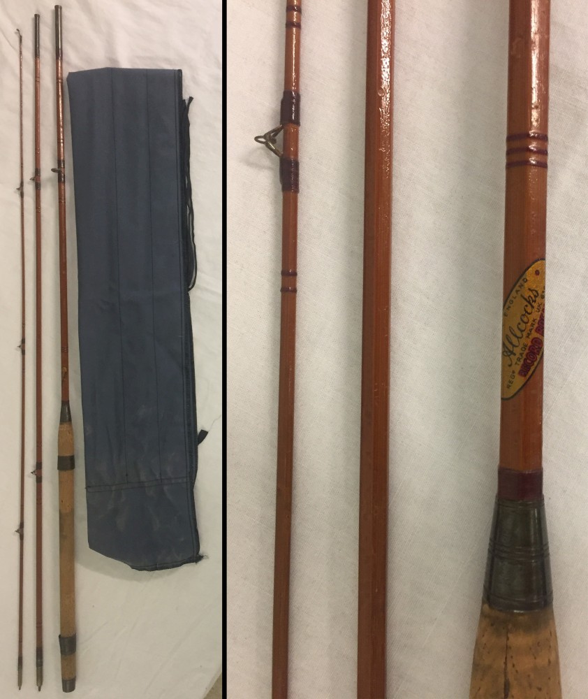 3 piece split cane 'Record Breaker' trout fishing rod by Allcock's c1940.