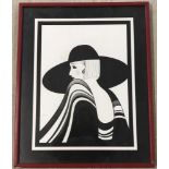A framed and glazed 1980's black and white print of a lady in a hat.