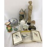 A collection of mixed items to include a stein, ceramics and vintage bird prints