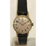A 1960's 9ct gold cased ladies Omega 17 Jewels wristwatch with original black leather strap.