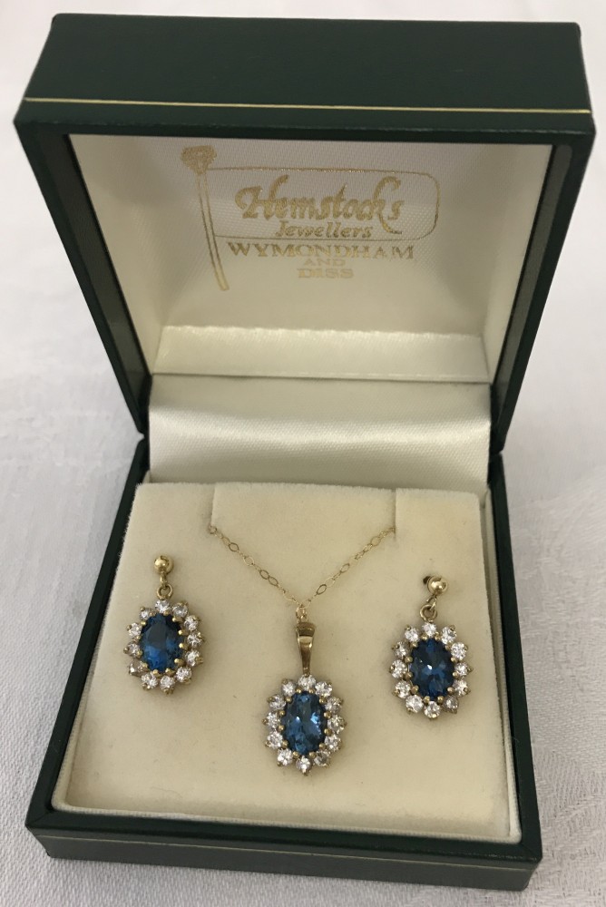 9ct gold blue topaz & CZ pendant necklace with matching drop earrings.