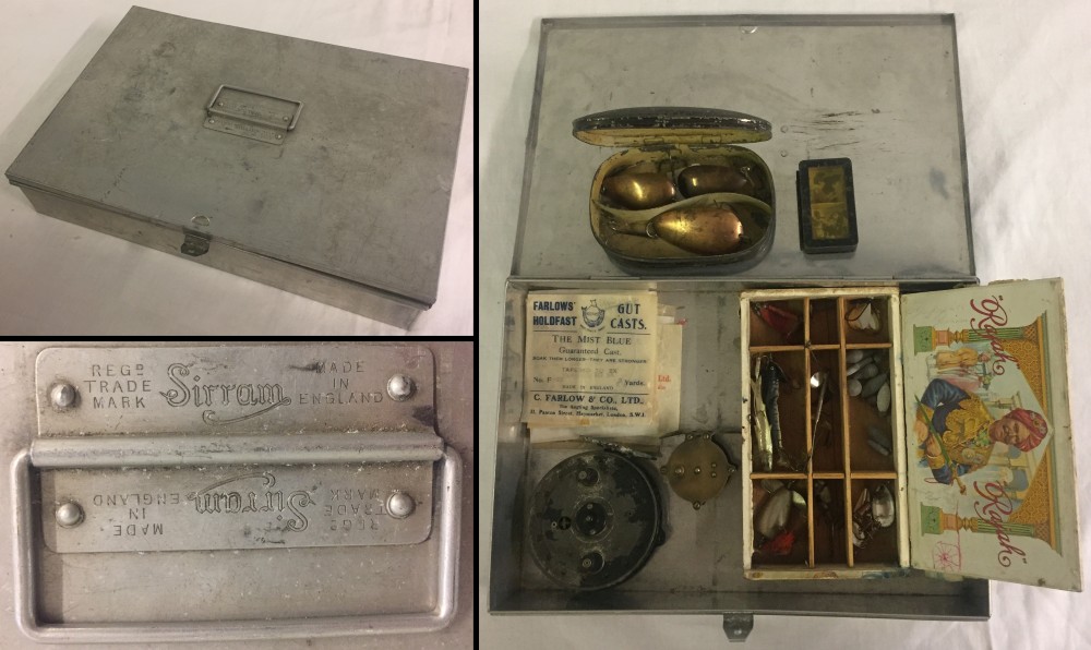 1906 - 1935 sirrum sandwich box with 1800's reel (no handle) plus other period fishing pieces.