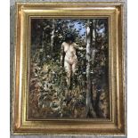 Peter Welch - (c20th East Anglian wildlife artist) - oil on board - Nude woman in the woods.