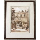 A framed and glazed sepia watercolour of Gateway to Richmond Palace by Marjorie McCartney.