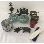 A mixed lot to include antique glass, vintage metal ware and other items.