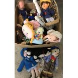 A box of assorted vintage vinyl dolls, soft toys and rag dolls.