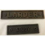 2 cast metal signs "Larder" and "Study".