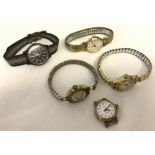 5 ladies wristwatches, 1 without strap.