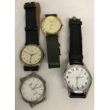 4 men's wristwatches, 1 without a strap.